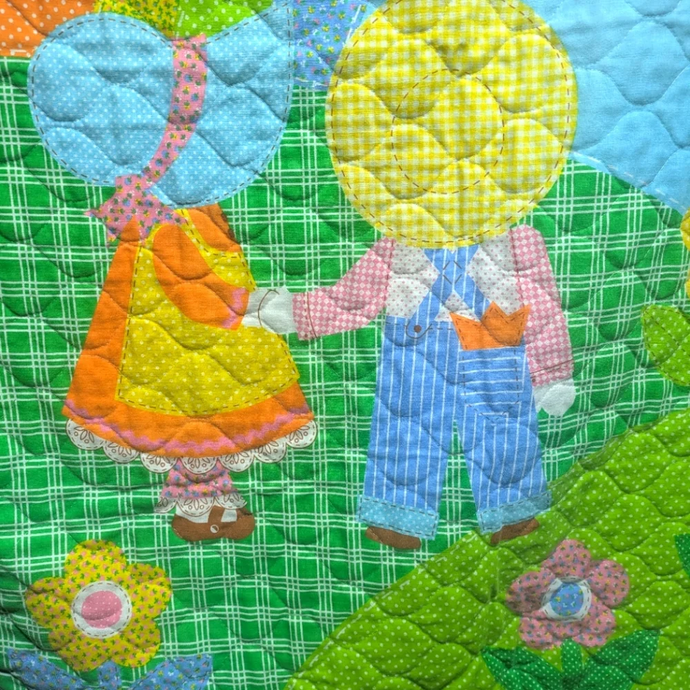Vintage Handmade Childs Quilt Sunbonnet Sue Rainbow Apple Neon Reversible Bonnet